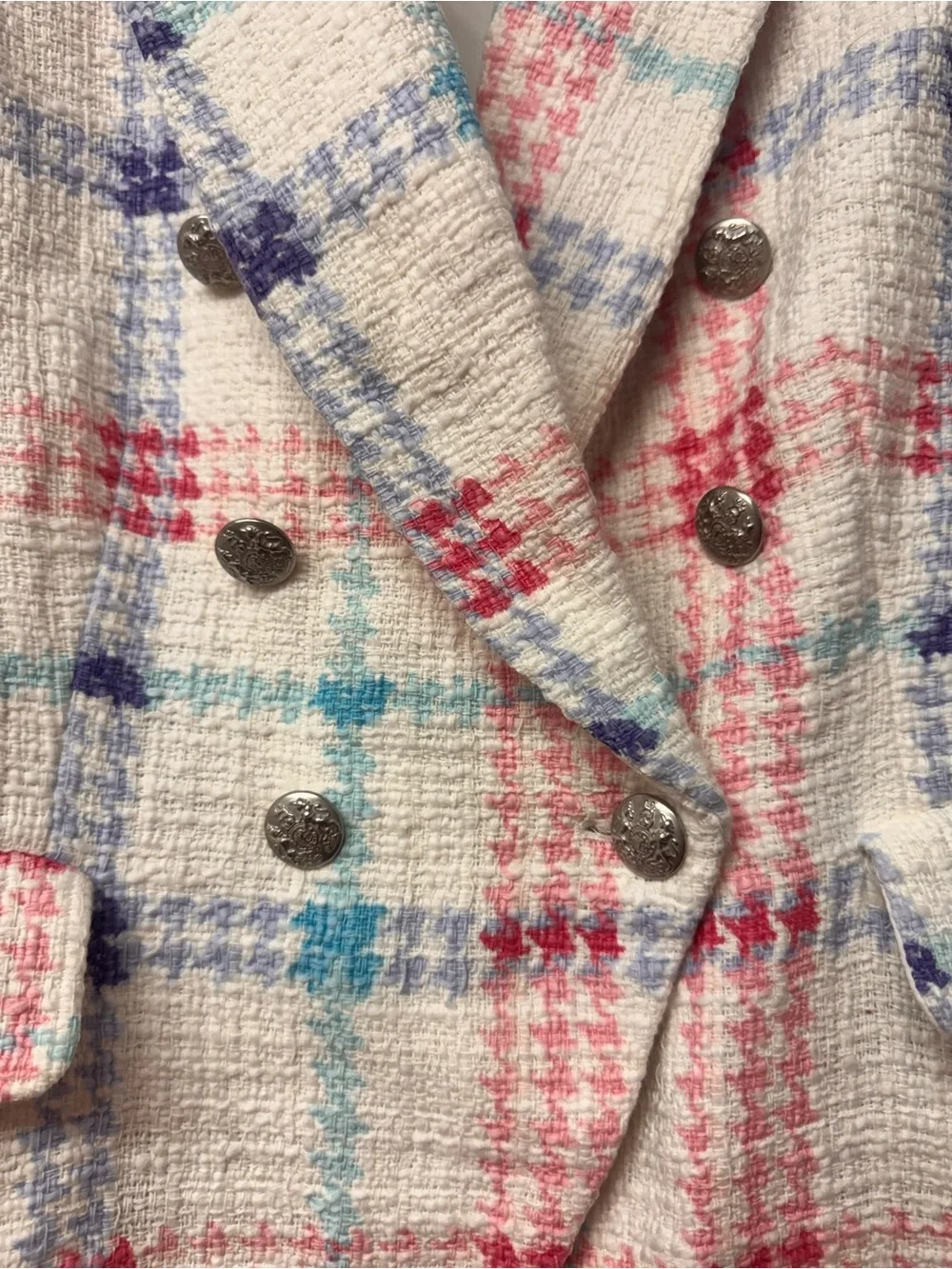 Maison d’Amelie Paris Blazer L Pastel Plaid Tweed Double Breasted Preppy Chic E